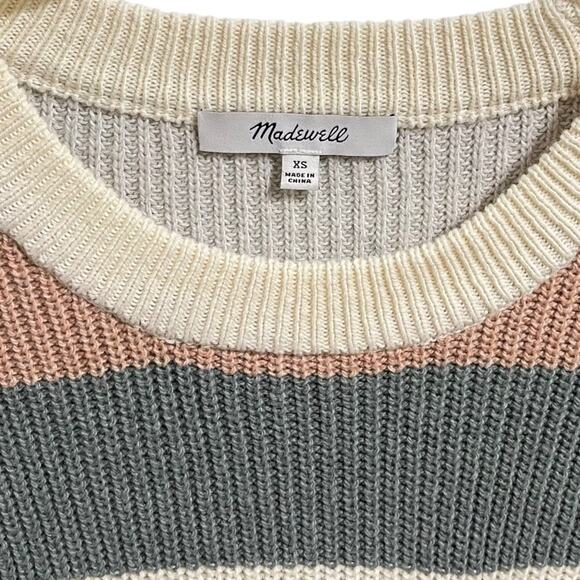 Madewell Sweater Sz XS Thompson Pocket Pullover Knit in Cream Green Multi Stripe - Picture 7 of 11